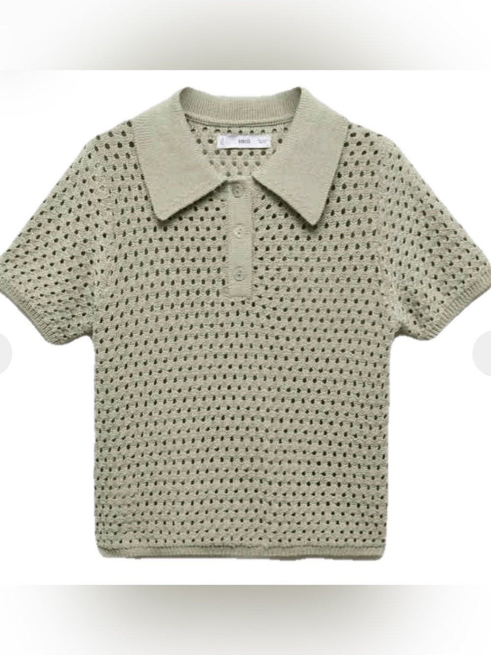Mango Knit Crochet Short Sleeve Polo top - Sage Green